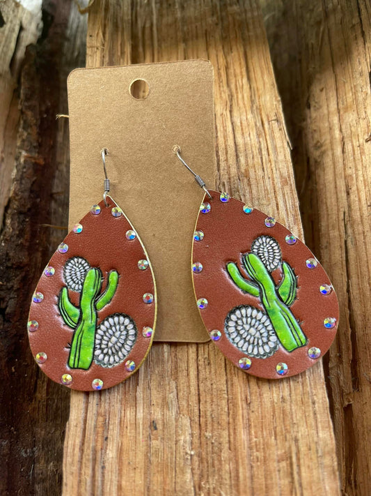 Leather Cactus Teardrop Earrings