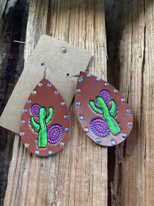 Leather Cactus Teardrop Earrings