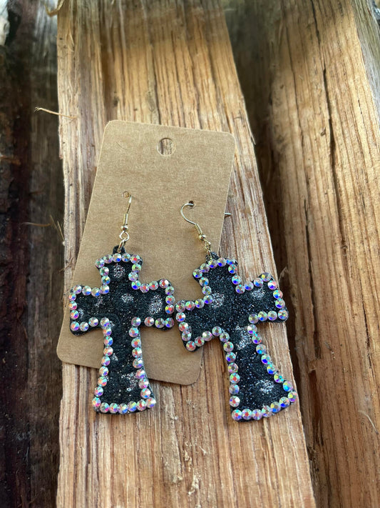 Black Faux Leather Glitter Cross Earrings