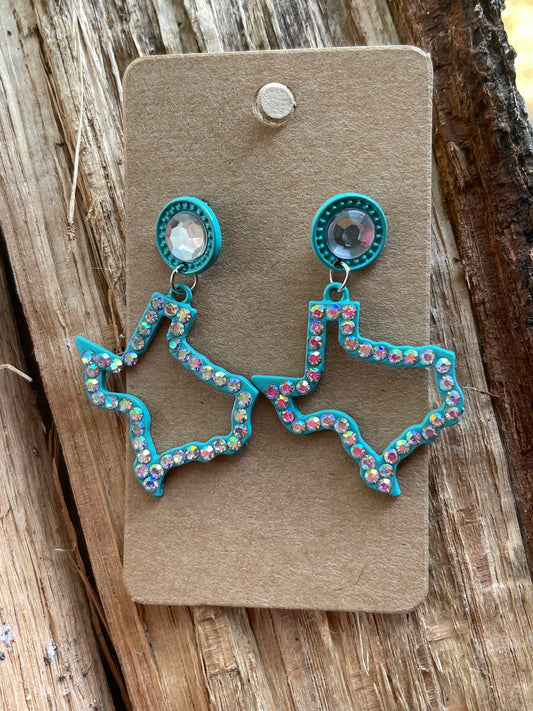 Turquoise Texas-Outline Rhinestone Earrings